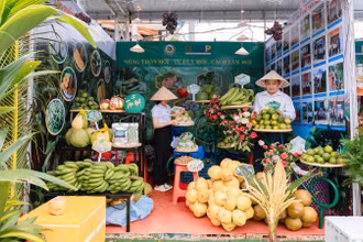 Gian hàng trưng bày trái cây đặc sản tại Festival 100 năm dừa sáp Trà Vinh.