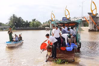 Thả cá giống ra sông tại xã An Phú Tân, huyện Cầu Kè, tỉnh Trà Vinh.