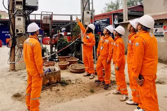 Lực lượng diễn tập thực hành đánh giá nguyên nhân sự cố lưới điện.