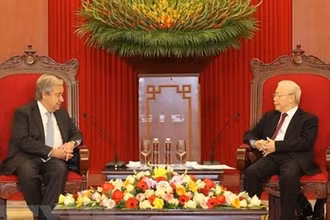 Tổng Bí thư Nguyễn Phú Trọng tiếp Tổng Thư ký Liên hợp quốc Antonio Guterres. (Ảnh: Trí Dũng/TTXVN)