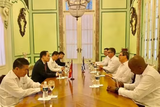 Đoàn đại biểu Ban Đối ngoại Trung ương hội kiến Ủy viên Bộ Chính trị, Bộ trưởng Ngoại giao Cuba Bruno Rodríguez Parrilla. (Ảnh: Mai Phương/TTXVN)