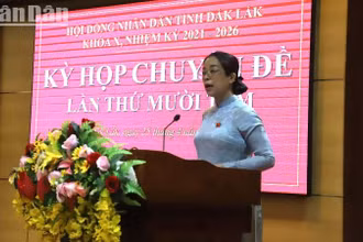 Phó Bí thư Thường trực Tỉnh ủy, Chủ tịch Hội đồng nhân dân tỉnh Đắk Lắk khóa X Huỳnh Thị Chiến Hòa trình bày tờ trình về việc đề nghị miễn nhiệm Chủ tịch Ủy ban nhân dân tỉnh Đắk Lắk khóa X, nhiệm kỳ 2021-2026, đối với ông Phạm Ngọc Nghị. 