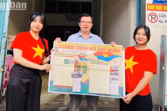 Đại diện Báo Nhân Dân tại Đắk Lắk tặng phụ san đặc biệt của Báo Nhân Dân kỷ niệm 50 năm Ngày giải phóng miền nam, thống nhất đất nước cho bạn đọc.