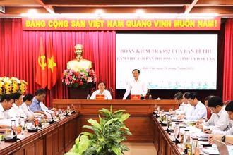 Đồng chí Lê Minh Khái, Bí thư Trung ương Đảng, Phó Thủ tướng Chính phủ, Trưởng đoàn kiểm tra phát biểu tại buổi làm việc. (Ảnh: Duy Tiến)