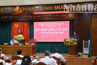 Đồng chí Huỳnh Thị Chiến Hòa, Phó Bí thư Tỉnh ủy, Chủ tịch Hội đồng nhân dân tỉnh Đắk Lắk phát biểu khai mạc kỳ họp.