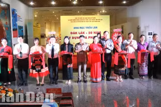 Các đại biểu cắt băng khai mạc triển lãm.