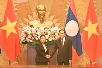 Phó Chủ tịch Thường trực Quốc hội Trần Thanh Mẫn và Phó Chủ tịch Quốc hội Lào Sounthon Xayachak tại buổi hội đàm. (Ảnh: DUY LINH)