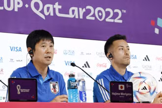 HLV Hajime Moriyasu cùng đội trưởng Maya Yoshida tại buổi họp báo trước trận đấu. (Ảnh: FIFA)