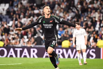 Martinelli ấn định tỷ số 2-1 cho Arsenal ở trận lượt về. (Ảnh: Arsenal FC)