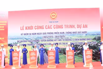 Các đại biểu bấm nút khởi công các công trình, dự án kỷ niệm 50 năm ngày Giải phóng miền nam, thống nhất đất nước tại Hà Nam.