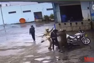 Các cán bộ, chiến sĩ Công an đánh tới tấp nam sinh điều khiển xe máy. (Ảnh cắt từ clip)