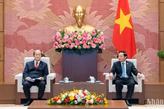 Phó Chủ tịch Quốc hội Nguyễn Khắc Định và Chủ nhiệm Ủy ban Thường trực về Hành chính của Hạ viện Thái Lan Paijit Sreewarakan tại buổi tiếp. (Ảnh: DUY LINH)