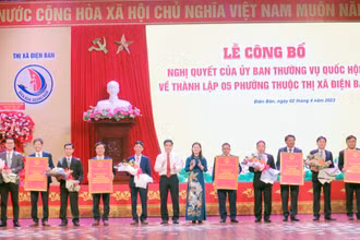 Trao chứng nhận thành lập phường cho đại diện lãnh đạo 5 phường.