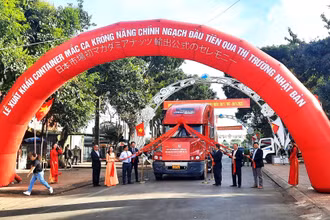 Lãnh đạo Ủy ban nhân dân huyện Krông Năng và các đơn vị liên quan cùng các doanh nghiệp làm thủ tục xuất khẩu container Mắc ca Krông Năng chính ngạch đầu tiên sang Nhật Bản.
