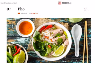 Món Phở của Việt Nam thứ 7 trong danh sách 50 món ăn đường phố nổi tiếng nhất thế giới của TasteAtlas. (Ảnh chụp màn hình)