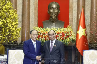 Chủ tịch nước Nguyễn Xuân Phúc tiếp nguyên Thủ tướng Nhật Bản Suga Yoshihide. (Ảnh: TTXVN) 