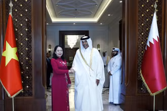 Phó Chủ tịch nước Võ Thị Ánh Xuân với Chủ tịch Quốc hội Qatar Hassan bin Abdullah Al-Ghanim. (Ảnh: TTXVN)