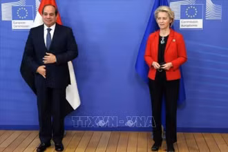 Tổng thống Ai Cập Abdel-Fattah El-Sisi (trái) trong cuộc gặp Chủ tịch Ủy ban châu Âu (EC) Ursula von der Leyen. Ảnh: AP/TTXVN