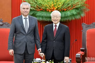 Tổng Bí thư Nguyễn Phú Trọng tiếp Chủ tịch Duma Quốc gia Nga Vyacheslav Viktorovich Volodin. (Ảnh: Đăng Khoa)