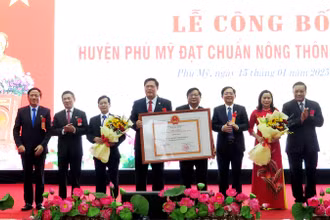 Lãnh đạo huyện Phù Mỹ đón nhận Quyết định của Thủ tướng Chính phủ công nhận huyện Phù Mỹ là huyện nông thôn mới năm 2023.