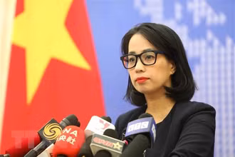 Người Phát ngôn Bộ Ngoại giao Phạm Thu Hằng chủ trì họp báo thường kỳ tháng 7. (Ảnh: TTXVN)