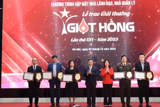 Lãnh đạo Trung ương Hội Chữ thập đỏ Việt Nam và Viện Huyết học-Truyền máu Trung ương trao Giải thưởng "Giọt hồng" năm 2023 cho các tập thể, cá nhân.