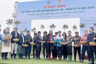 Lãnh đạo Bộ Tài nguyên và Môi trường. Tỉnh ủy, UBND tỉnh Thái Bình trao cây giống cho các đơn vị trên địa bàn tại lễ phát động.