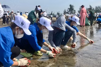 Đoàn viên, thanh niên tham gia thu gom rác thải trên bãi biển Cửa Lò (tỉnh Nghệ An).