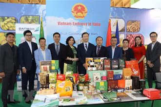 Đại sứ Việt Nam tại Italy Dương Hải Hưng cùng đại diện các doanh nghiệp tham gia Hội chợ Macfrut 2022. (Ảnh: Dương Hoa/TTXVN)