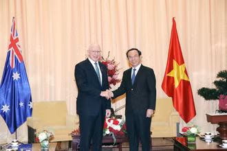 Đồng chí Nguyễn Văn Nên, Ủy viên Bộ Chính trị, Bí thư Thành ủy Thành phố Hồ Chí Minh tiếp Toàn quyền Australia David Hurley. Ảnh: TTXVN
