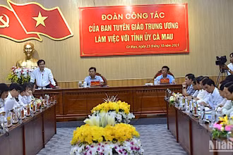 Phó Trưởng Ban Tuyên giáo Trung ương Phan Xuân Thủy (bìa trái, đứng) phát biểu tại buổi làm việc với Tỉnh ủy Cà Mau.