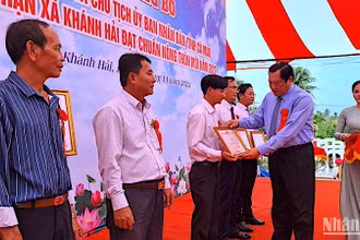 Phó Chủ tịch Ủy ban nhân dân tỉnh Cà Mau Lâm Văn Bi tặng bằng khen của Chủ tịch Ủy ban nhân dân tỉnh cho tập thể, cá nhân có nhiều tích trong xây dựng nông thôn mới.