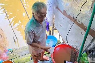Nước múc lên từ ao, đìa được người dân ấp 12 (xã Khánh Thuận) xử lý lại bằng cục phèn chua (cầm trên tay).