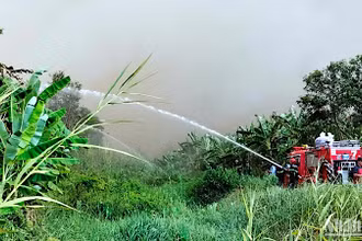 Xe chữa cháy và lực lượng chuyên dụng tham gia dập lửa tại Nông trường 402.