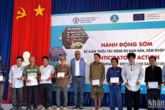 Đại diện tổ chức FAO tại Việt Nam trao hỗ trợ bằng tiền mặt cho người dân chịu ảnh hưởng bởi hạn-mặn tại Cà Mau.