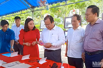 Phó Chủ tịch Ủy ban nhân dân tỉnh Cà Mau Nguyễn Minh Luân (đeo kính) tham quan các hiện vật trưng bày vừa tiếp nhận. 