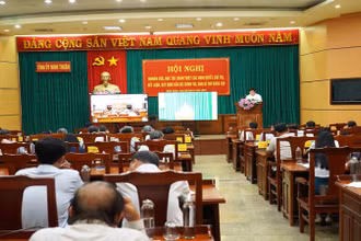 Quang cảnh điểm cầu chính của hội nghị tại hội trường Tỉnh ủy Ninh Thuận.
