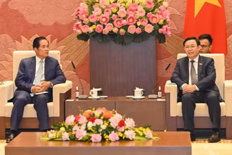 Chủ tịch Quốc hội Vương Đình Huệ phát biểu tại buổi tiếp Đô trưởng thủ đô Phnôm Pênh Khuong Sreng. (Ảnh: Duy Linh)