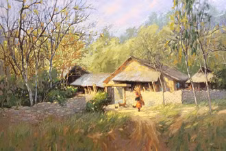 Phong cảnh vùng cao trong tranh của họa sĩ Phạm Thành tại Triển lãm “Xuôi dòng sông thu 2022”.