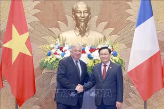 Chủ tịch Quốc hội Vương Đình Huệ và Chủ tịch Thượng viện Cộng hòa Pháp Gérard Larcher. (Ảnh: TTXVN)
