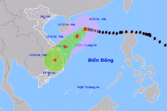 Vị trí và hướng di chuyển của bão số 7 lúc 4 giờ ngày 10/11. (Nguồn: nchmf.gov.vn)
