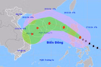 Vị trí và hướng di chuyển của siêu bão Man-yi lúc 7 giờ ngày 18/11. (Nguồn: nchmf.gov.vn)