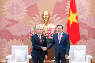 Chủ tịch Quốc hội Trần Thanh Mẫn và Phó Chủ tịch Quốc hội, Chủ tịch Ủy ban Hòa bình và Đoàn kết Lào Sommad Pholsena. (Ảnh: Duy Linh)