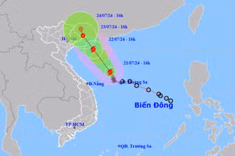 Vị trí và hướng di chuyển của bão số 2 lúc 16 giờ ngày 21/7. (Nguồn: nchmf.gov.vn)