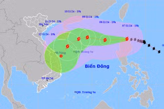 Vị trí và hướng di chuyển của bão Yinxing lúc 19 giờ ngày 7/11. (Nguồn: nchmf.gov.vn)