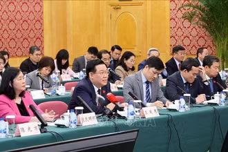 Chủ tịch Quốc hội Vương Đình Huệ phát biểu tại cuộc tọa đàm với lãnh đạo Khu thí điểm mậu dịch tự do Thượng Hải. Ảnh: Nhan Sáng/TTXVN
