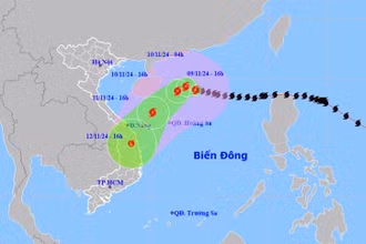Vị trí và hướng di chuyển của bão số 7 lúc 16 giờ ngày 9/11. (Nguồn: nchmf.gov.vn)