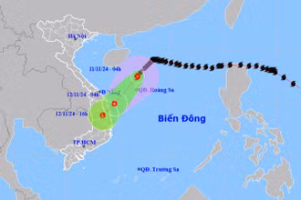 Vị trí và hướng di chuyển của bão số 7 lúc 4 giờ ngày 11/11. (Nguồn: nchmf.gov.vn)