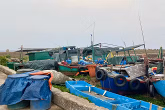 Các tàu của ngư dân đã được đưa lên bờ đảo Bạch Long Vĩ tránh bão số 3.