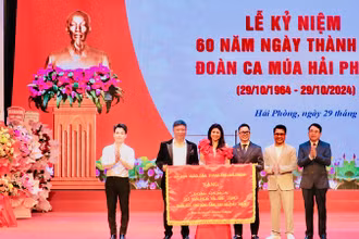 Lãnh đạo thành phố Hải Phòng trao bức trướng tặng tập thể cán bộ, diễn viên Đoàn Ca múa Hải Phòng nhân kỷ niệm 60 năm Ngày thành lập.